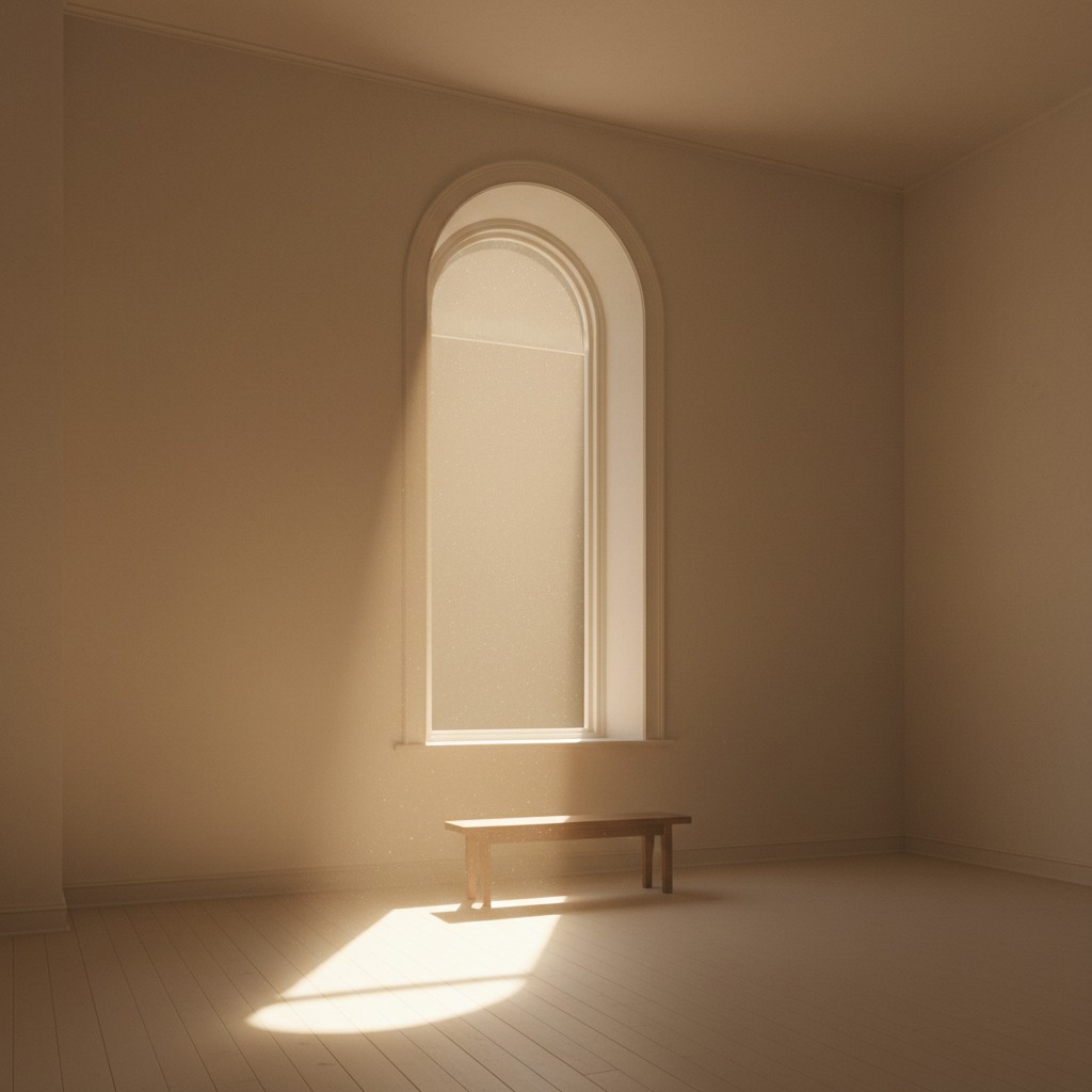 Un rayo de sol entra por una gran ventana arqueada en una habitación vacía con una pequeña banqueta de madera en el suelo.