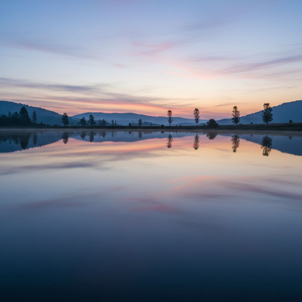 Un paisaje con montañas y árboles reflejados en la superficie tranquila de un lago al atardecer.