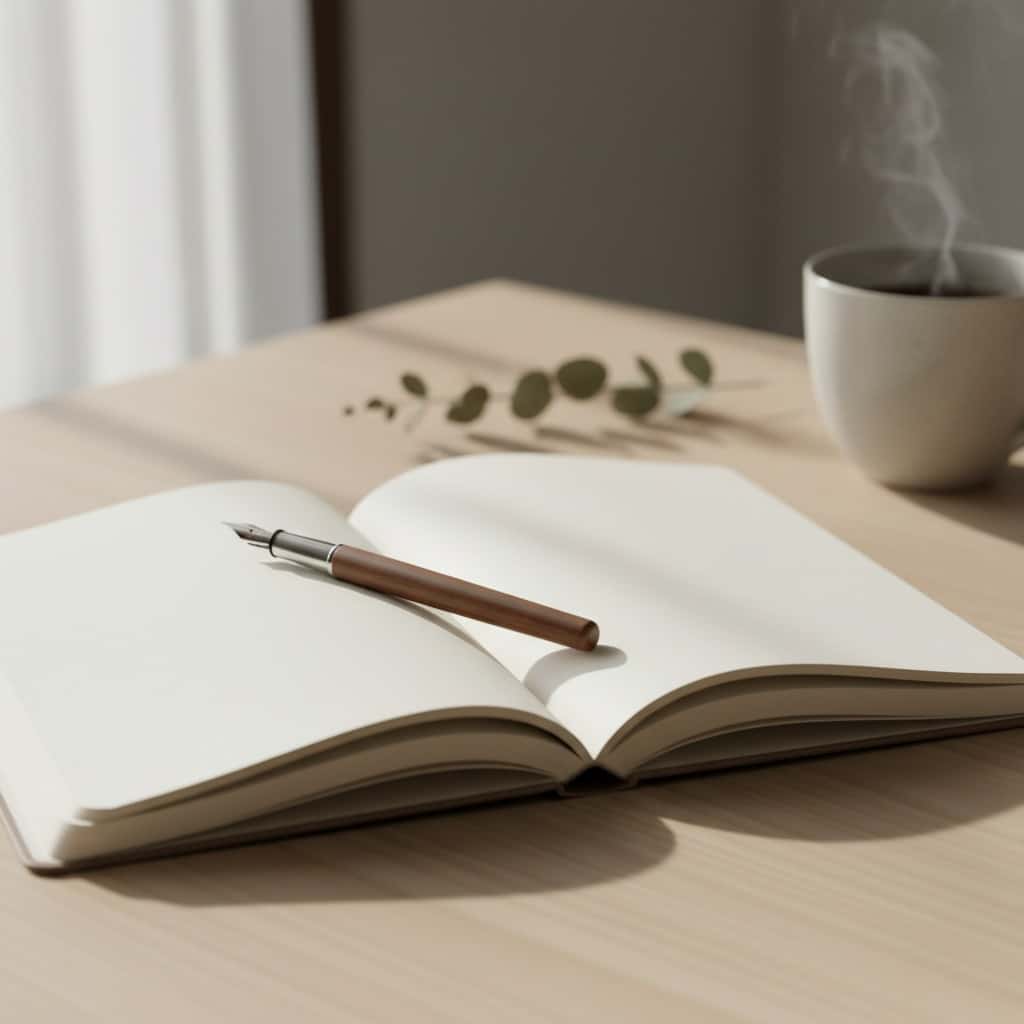 Una libreta abierta con una pluma estilográfica reposa sobre una mesa de madera junto a una taza humeante.