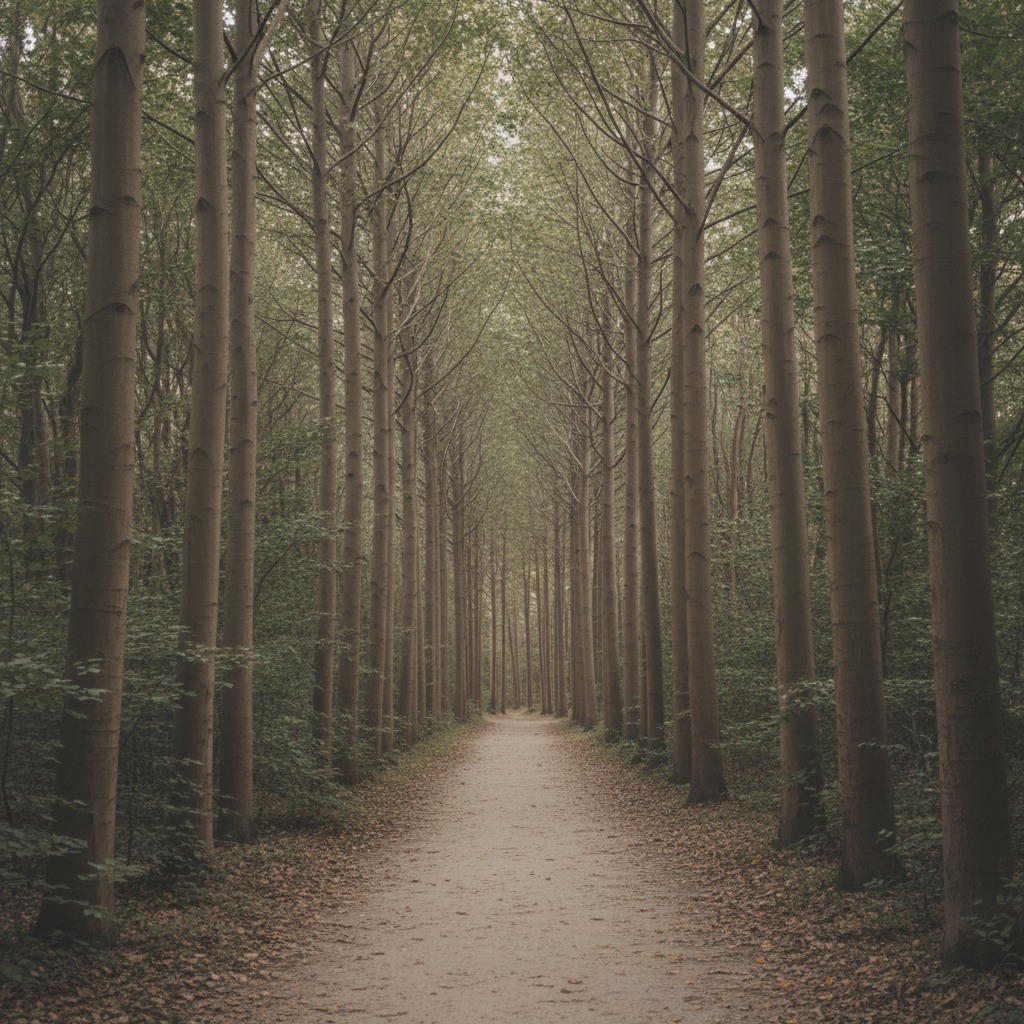 Un camino recto de tierra atraviesa un denso bosque con hileras simétricas de árboles altos y delgados.